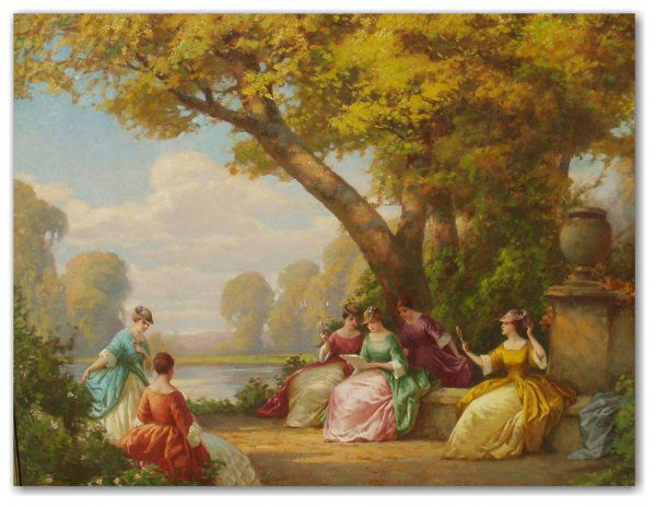 JOSEPH TOMANEK OIL/CANVAS (American 1889-1974): "The Garden Party," Signed Oil on Canvas - 28" x 36"