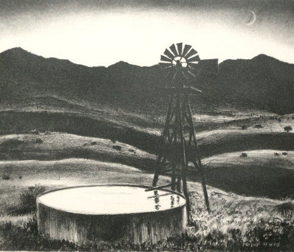 PETER HURD LITHOGRAPH (Amer 1904-1984): "Landscape with Windmill" Original Lithograph (not signed) 8.25 x 10