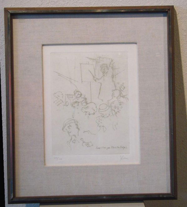 JACK LEVINE SIGNED ETCHING (Amer b.1915): "Look, There Goes Mac the Knife!" (From Portfolio: The Three Penny Opera) Signed/Numbered etching on arches paper - 10.5" x 13.5" - #62/100 CONDITION: Image Good, not examined out of frame but seems t