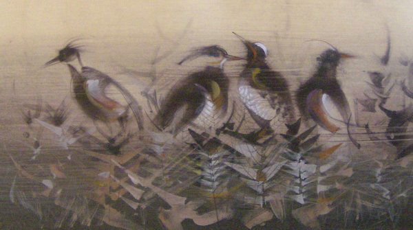 PAUL MAXWELL WATERCOLOR (Amer 20th Cent): "Pheasants" Signed Watercolor 18" x 31.5" (has been mounted on thinboard) CONDITION; GOOD, has been mounted