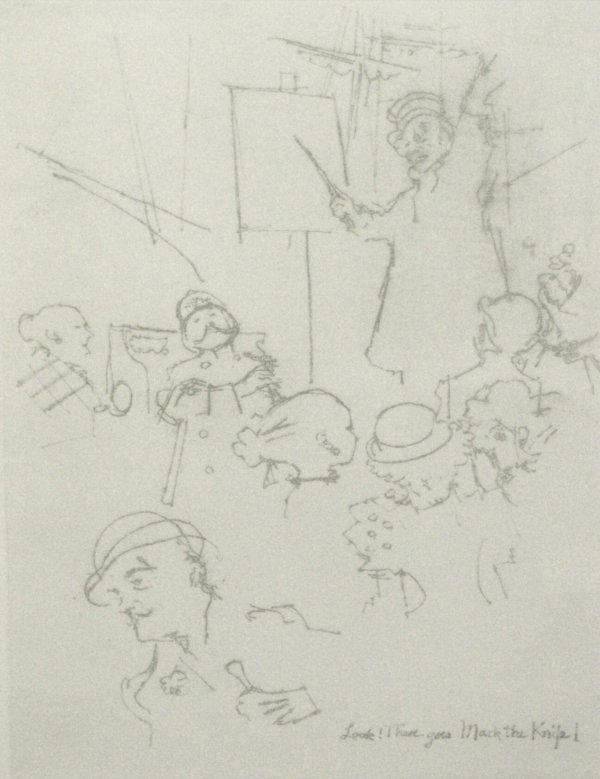 JACK LEVINE SIGNED ETCHING (Amer b.1915): "Look, There Goes Mac the Knife!" (From Portfolio: The Three Penny Opera) Signed/Numbered etching on arches paper - 10.5" x 13.5" - #62/100 CONDITION: Image Good, not examined out of frame but seems t