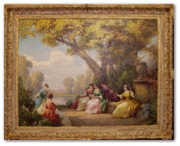 JOSEPH TOMANEK OIL/CANVAS (American 1889-1974): "The Garden Party," Signed Oil on Canvas - 28" x 36" CONDITION; VERY GOOD