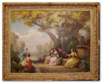 JOSEPH TOMANEK OIL/CANVAS (American 1889-1974): "The Garden Party," Signed Oil on Canvas - 28" x 36" CONDITION; VERY GOOD