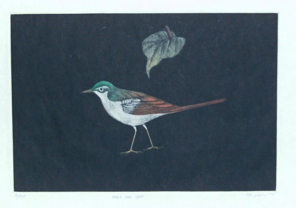 TOMOE YOKOI-MEZZOTINT-BIRD: "Bird and Leaf" Signed/Numbered Mezzotint - NO FRAME - #61/75 - CONDITION-VERY GOOD