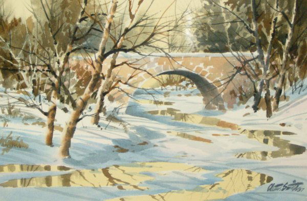 CLETUS SMITH-BRIDGE-WATERCOLOR (20th Century): "Bridge" Signed Watercolor - 14 x 20.5 CONDITION-VERY GOOD