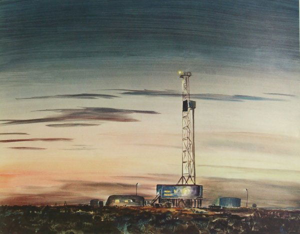 PETER HURD LITHOGRAPH-DRILLING RIG: "DRILLING RIG" SIGNED PRINT, #122/300 (SIGNED BY ESTATE NOT BY ARTIST) - 22 X 28 IMAGE - CONDITION-VERY GOOD, NO FRAME