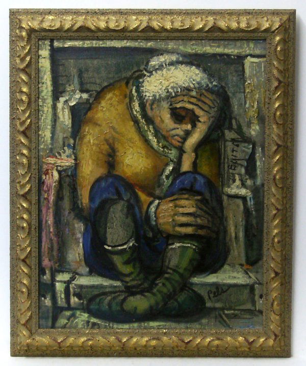 Albert Pels - Oil - Woman on Steps (1910-1998): "Elite; Woman on Door Steps" Signed Oil on Canvas - 18 x 14