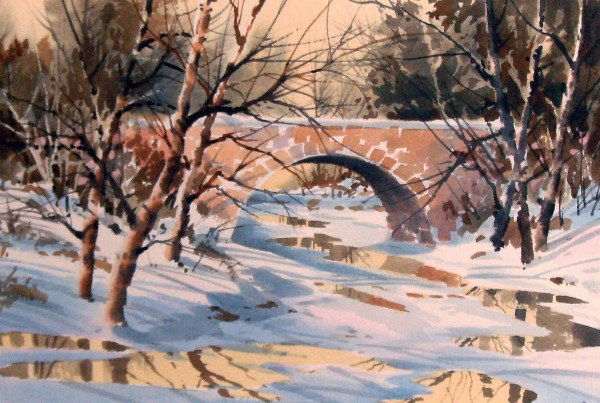 Cletus Smith - Winter Bridge - Watercolor: "Winter Landscape with Bridge" Signed Watercolor - 13.5 x 20.5
