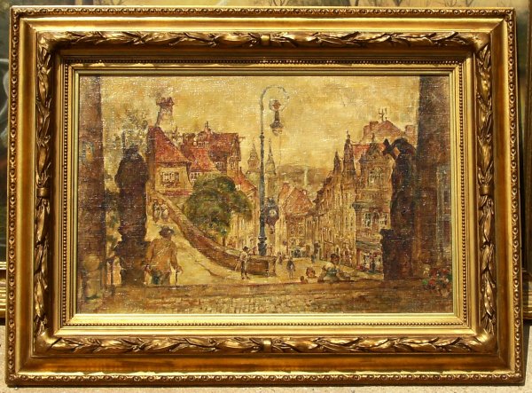 Antique European Street Scene - Oil