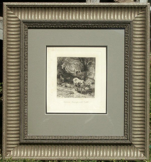 Peter Moran - Cattle - Original Etching (1841-1914: "American Landscape with Cattle" Original Etching - 8.5 x 7.5 plate size