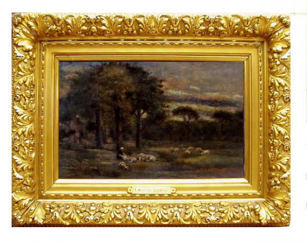 GEORGE INNESS OIL ON PANEL (American 1825-1894): "Landscape with Sheep & Shepherd," Signed Oil on Panel, 10" x 15" The image of the signature has been brightened to showcase it a little better. OUR APOLOGIES - THIS ITEM WAS ORIGINALLY LISTED AS BEIN