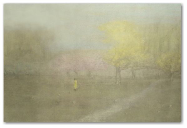 GEORGE INNESS STONE LITHOGRAPH (American 1825-1894): "Spring Blossoms," Rare Handcolored Lithograph, 19" x 29" circa 1890