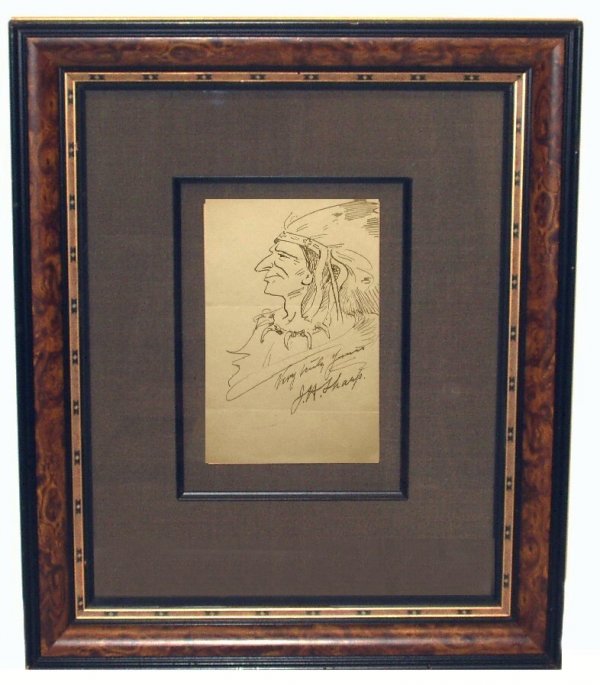 JOSEPH HENRY SHARP INK (American 1859-1953): "Indian Chief Portrait," Signed Ink Drawing, 6" x 5"