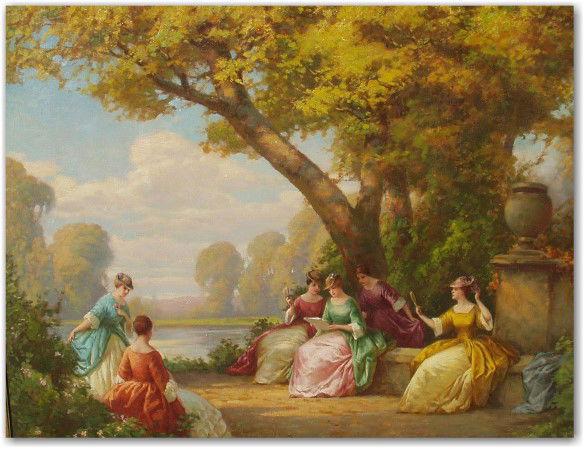186: JOSEPH TOMANEK OIL/CANVAS (American 1889-1974): "The Garden Party," Signed Oil on Canvas - 28" x 36"