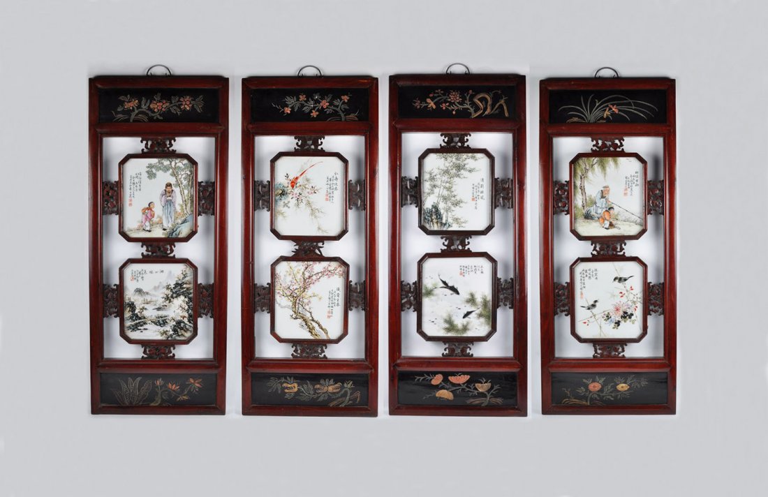 A Set of Four Chinese Porcelain & Hardwood Panels (1 of 10)