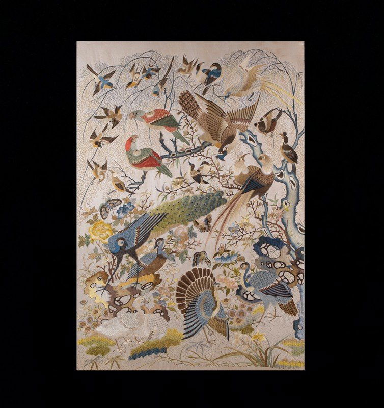 Chinese Embroidered Silk Panel Depicting Exotic Birds (1 of 2)