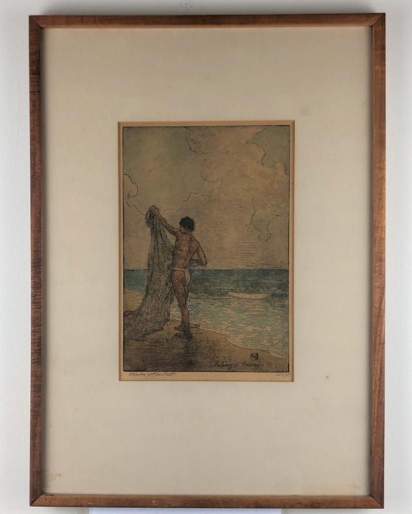 Charles W. Bartlett, Fishing In Hawaii Etching: Signed lower left Charles W. Bartlett (Britain 1860-1940), numbered 25 of 75, titled and with artist's monogram in image, framed and matted under glass. 28x18.5cm (11x6.1in): sight, 55x40cm (22x16in