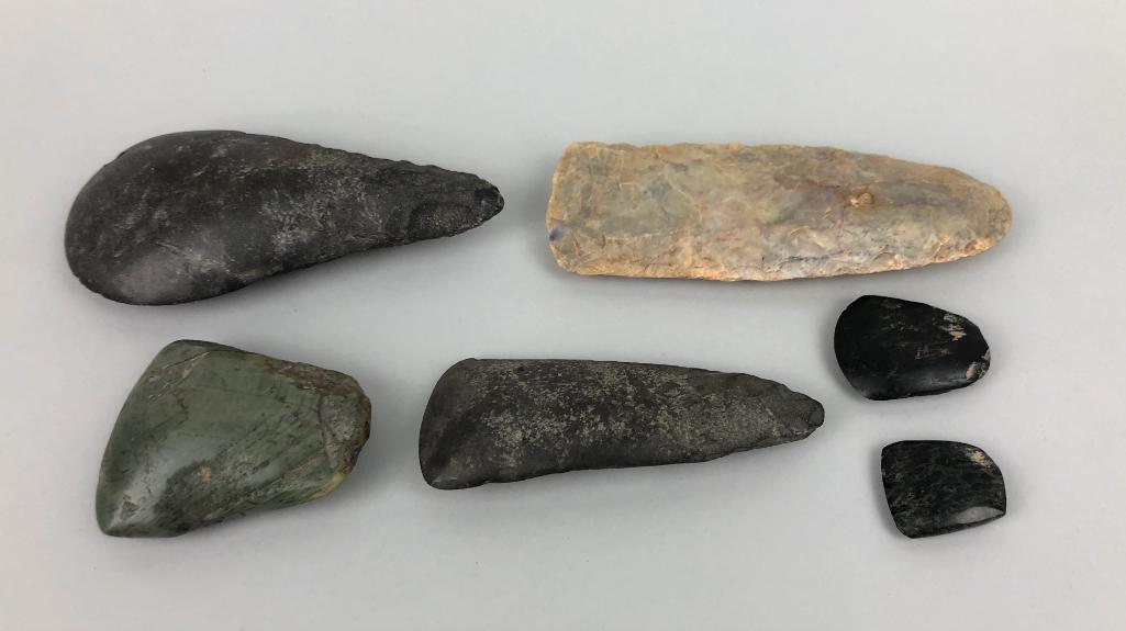 Group of Six Pre-Columbian Stone Tools: Meso and South America, c. 1st millenium AD. A nice assortment of six stone tools with identifying tags. Greatest length: 16.3cm (6.4in). Ex Collection Charles Robinson, MA