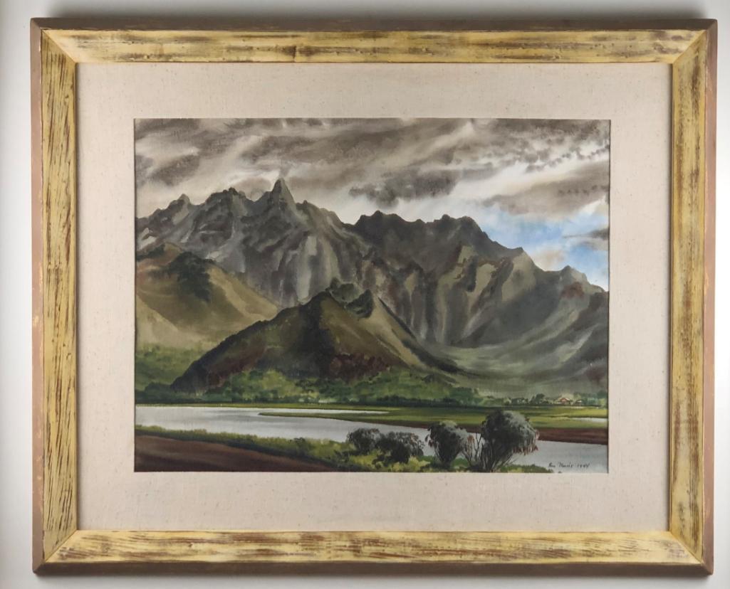 Lg. Painting of Hawaii/Hawaiian Scene by Ben Norris: Gouache & Watercolor. Ben Norris (1910-2006). 'Mauna Lua Mountains', signed 'Ben Norris 1944', framed under glass. Frame: 89 x 109cm (35 x 43in), sight: 56 x 76cm (22 x 30in)