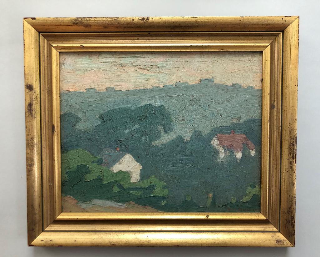 Niles Spencer Landscape Painting: Oil on board, (American, 1893-1952). Frame: 27.5 x 32.5cm (10.8 x 12.8in), sight: 19.5 x 25cm (7.7 x 9.8in)