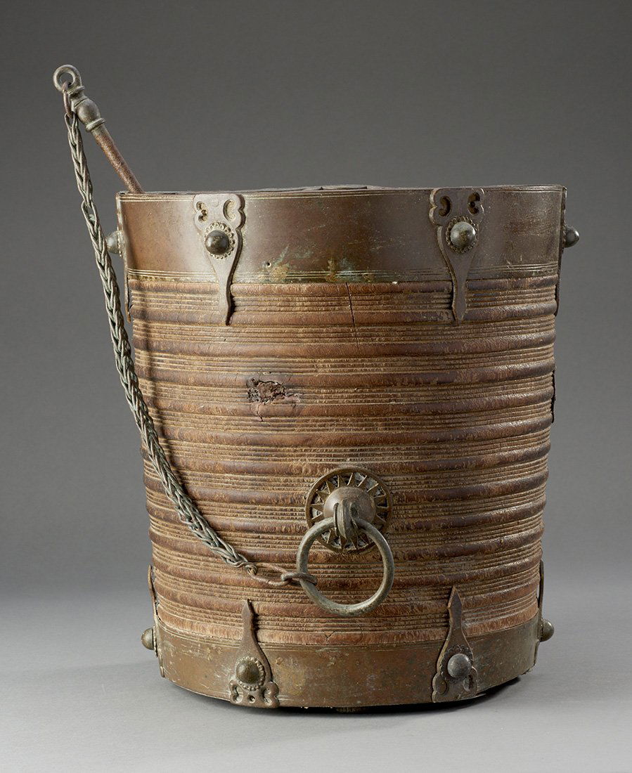 Indian Wood & Brass Ceremonial Rice Bucket (1 of 4)