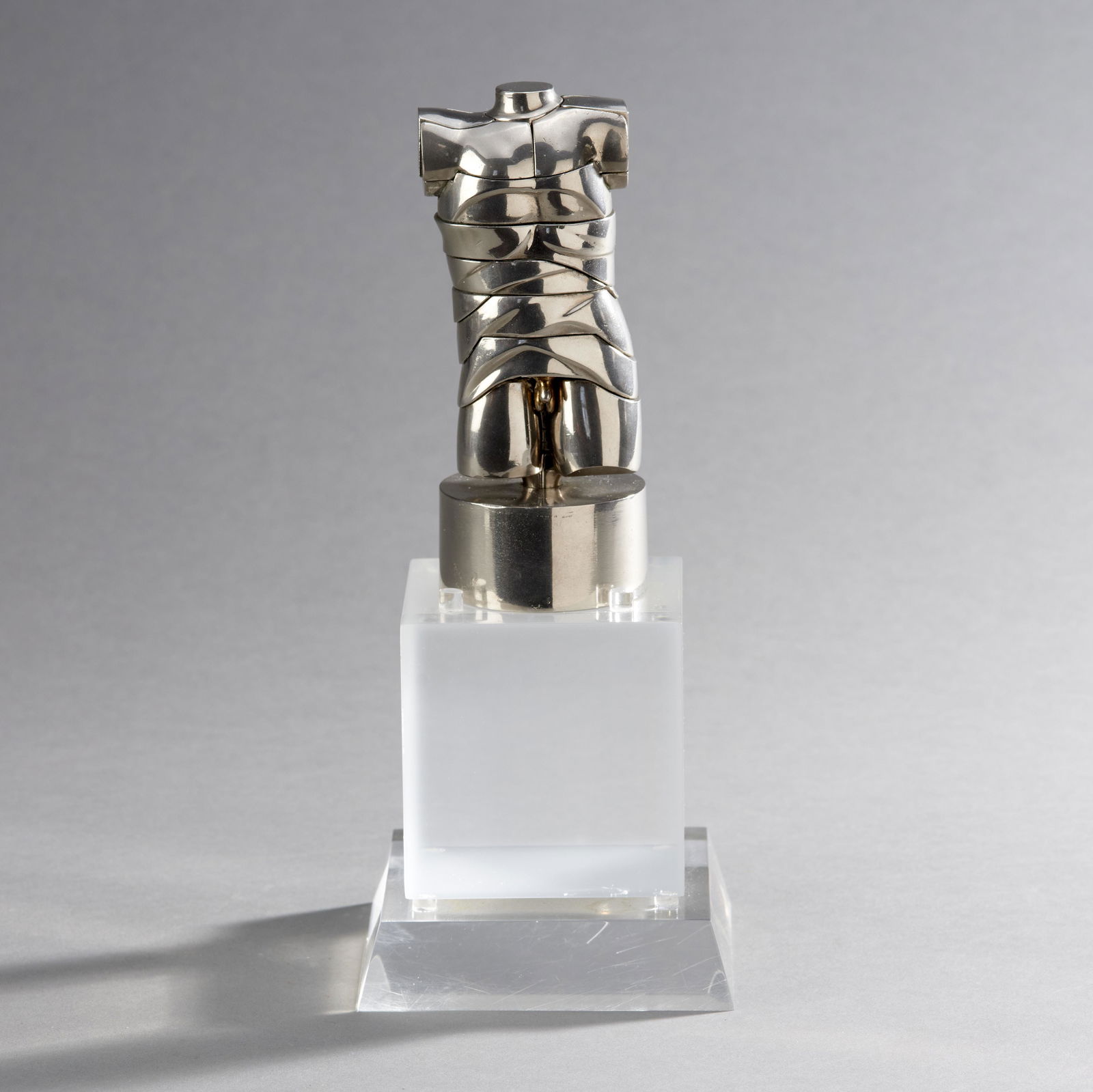 Modernist Erotic Puzzle Sculpture by Miguel Berrocal: Mini David' by Miguel Berrocal (1933-2006), Spain, 1968. Modernist erotic puzzle sculpture with phallus ring, nickel- and gold-plated brass, the ring with a jade cabochon. Berrocal" stamped signature