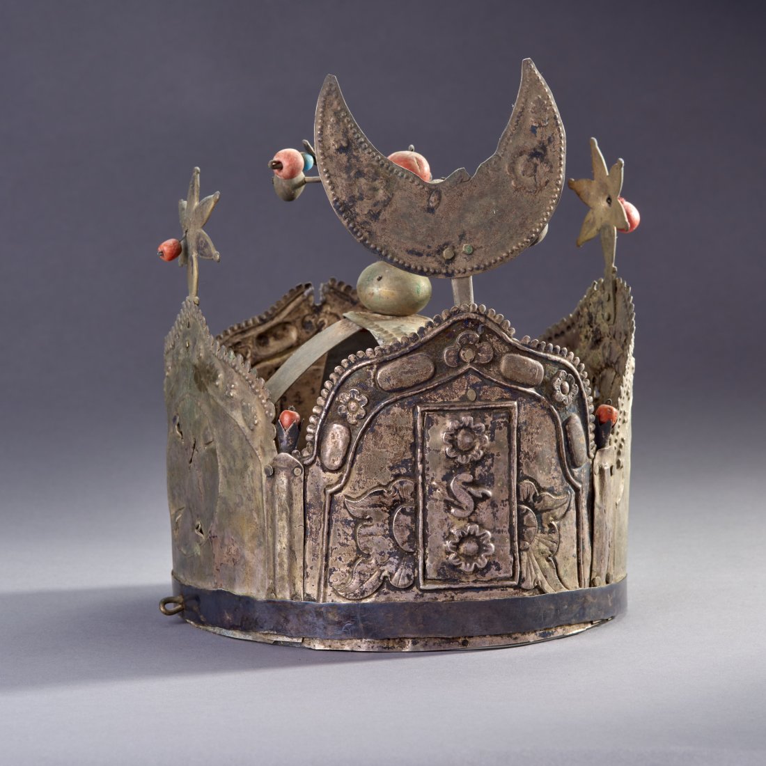 Large Silver Metal Crown: ca. 19th century or earlier. Large silver metal crown for religious statue, likely from a life-size figure of a saint. Provenance: Old Connecticut estate. Height: 8.9 inches / 22.5 cm