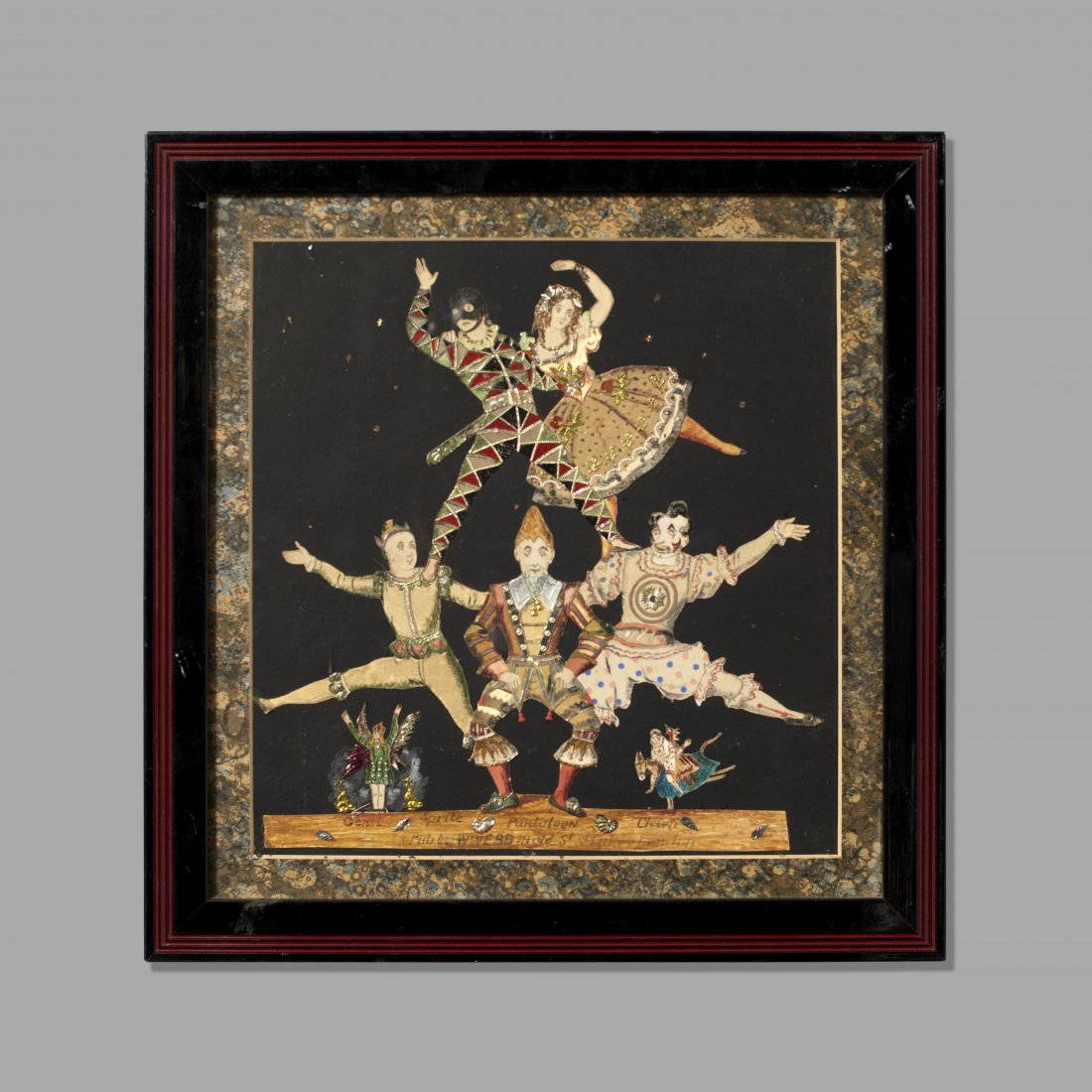 Mixed Media Circus Scene by Walt Kuhn (1877-1949): USA, ca. early 20th century. Mixed media collage of a circus scene by Walt Kuhn (1877-1949). Hand-colored figures with applied fabric and foil. Frame: 15 x 15.5 inches / 38.1 x 39.4 cm