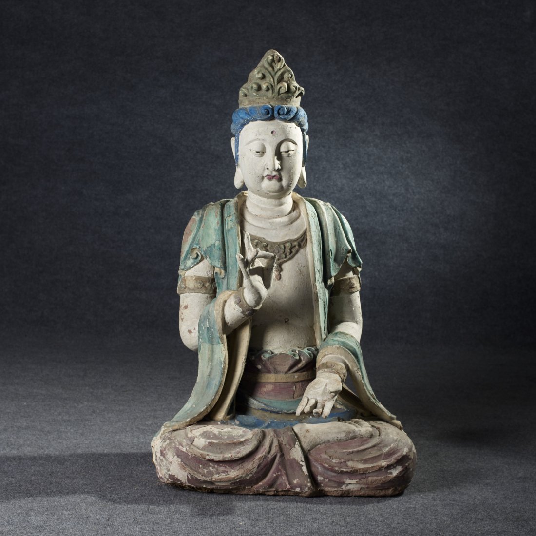 Lifesize Early Chinese Quanyin: China, ca. Ming Dynasty. Lifesize seated polychrome Quanyin figure constructed of wood with mud and straw. ex Peter Rosenberg,Vallin Galleries, Wilton Ct. Height: 40 inches / 101.6 cm Shipping: this p