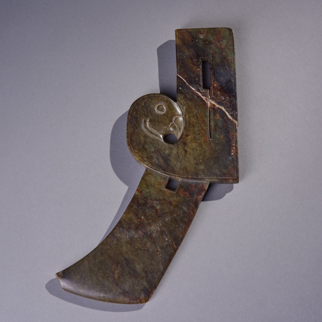 Unusual Hardstone Blade: Hardstone (possibly Jade) ceremonial axe head, ca. 18th century or earlier. Diagonal size: 8.8 inches / 22.2 cm
