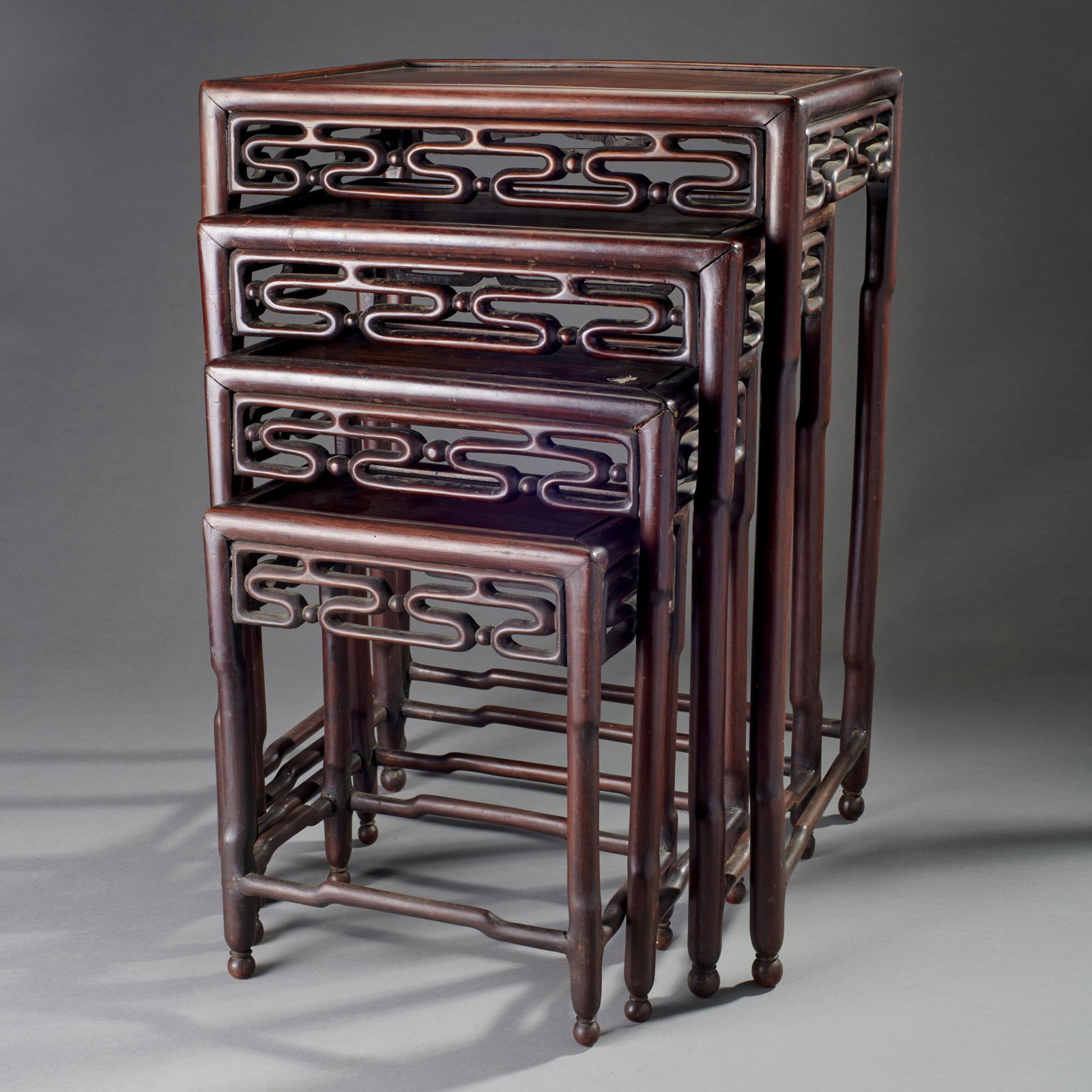 Set Of 4 Chinese Nesting Tables With Geometric Carving (1 of 6)