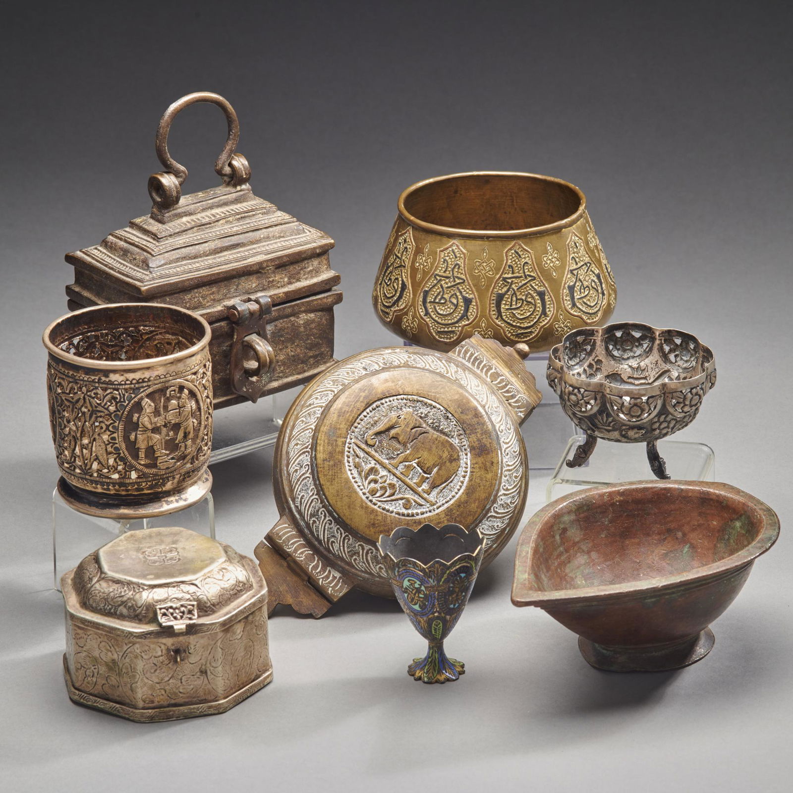 Eight Indo-Persian Brass And Silver Vessels (1 of 2)