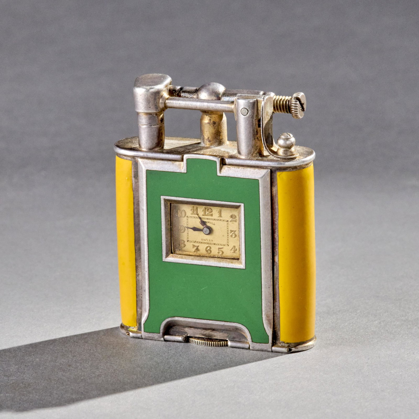 Rare Enameled Art Deco Dunhill Sterling  Silver Lighter With Clock (1 of 10)