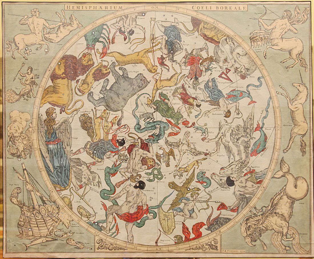 Rare 1710 Johann Homann Color Celestial Map (1 of 2)