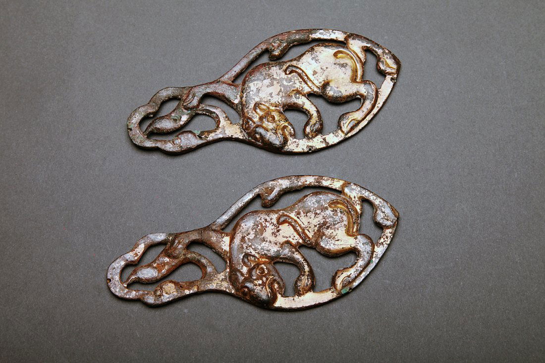 Pair of Ancient Ordos Gilt Bronze Openwork Plaques (1 of 2)