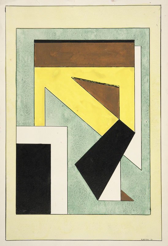 Modernist Composition with Yellow, Green & Brown: Midcentry Modern watercolor on paper by Thomas Brownell Eldred, measuring 18 inches tall by 12.25 inches wide.