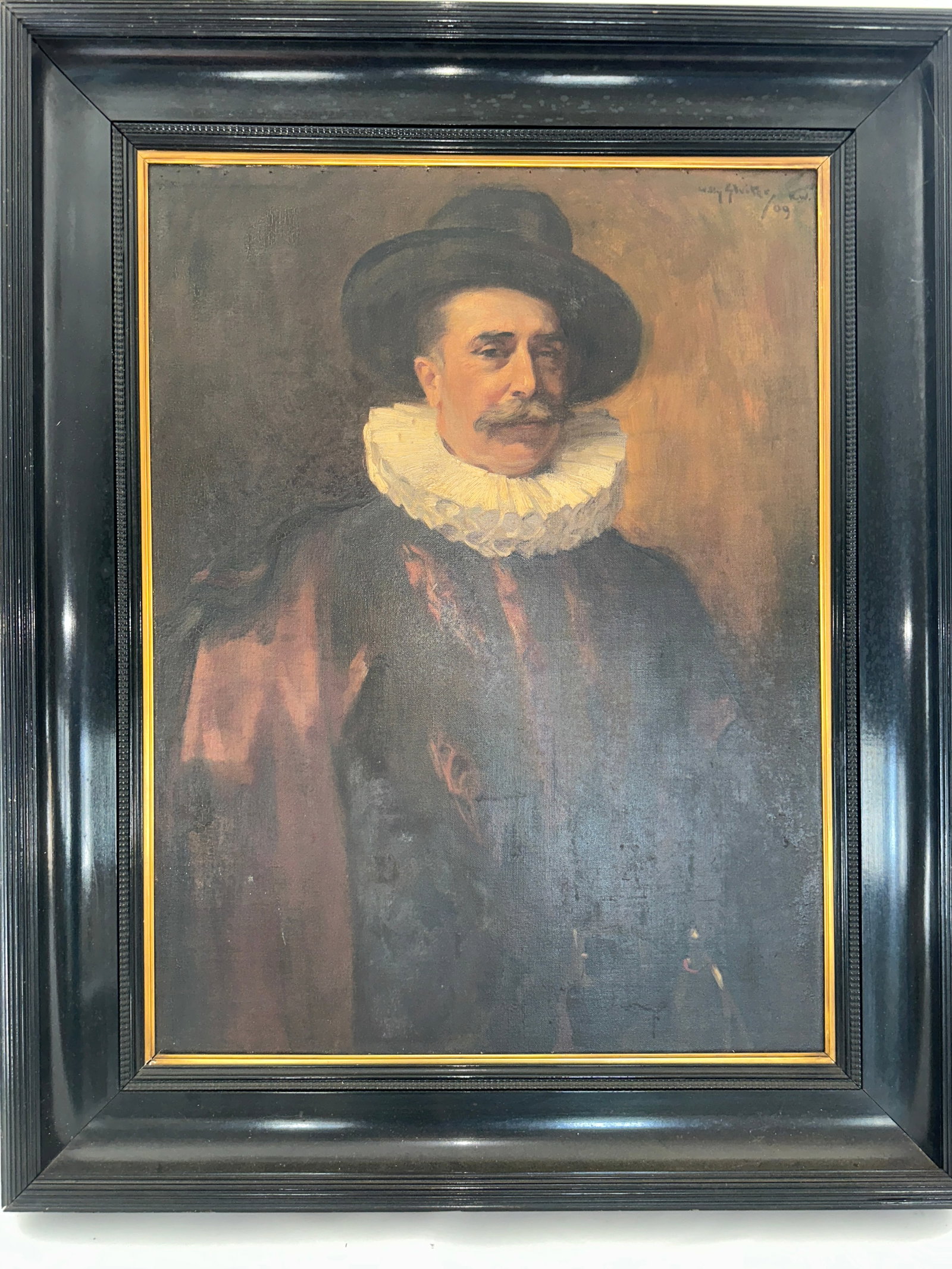 Oil on Canvas: Portrait, gentleman with white collar and black hat, signed upper right Willy or Wally Gluites? KW 09, with a 6 in. frame