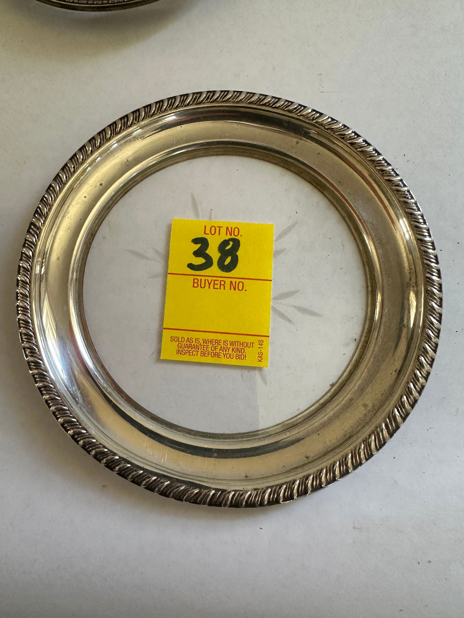 14 Sterling Weighted Coasters: with glass centers, 4 large Gorham 6.5 in. and others are 5 in.