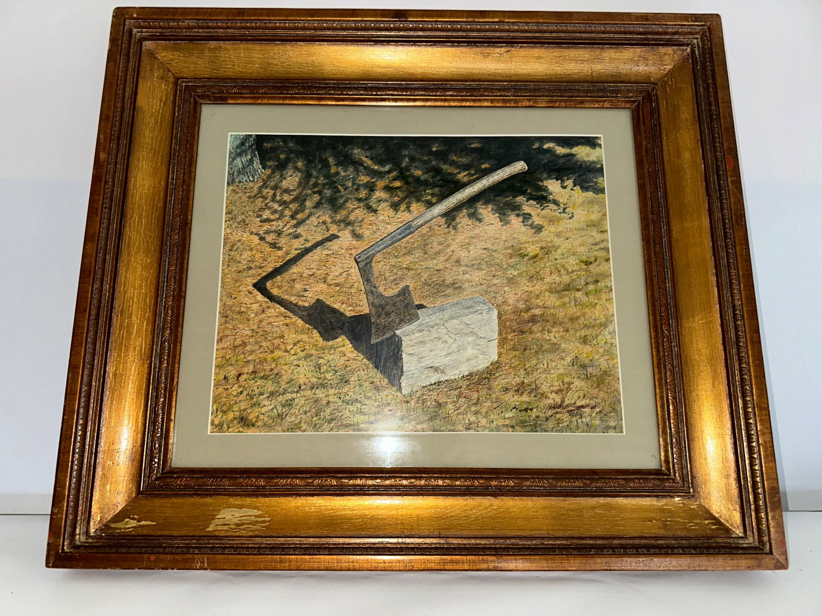 Armand LaMontagne Watercolor: Axe and wooden block, signed lower right Armand LaMontagne, under glass, 5 in frame and mat