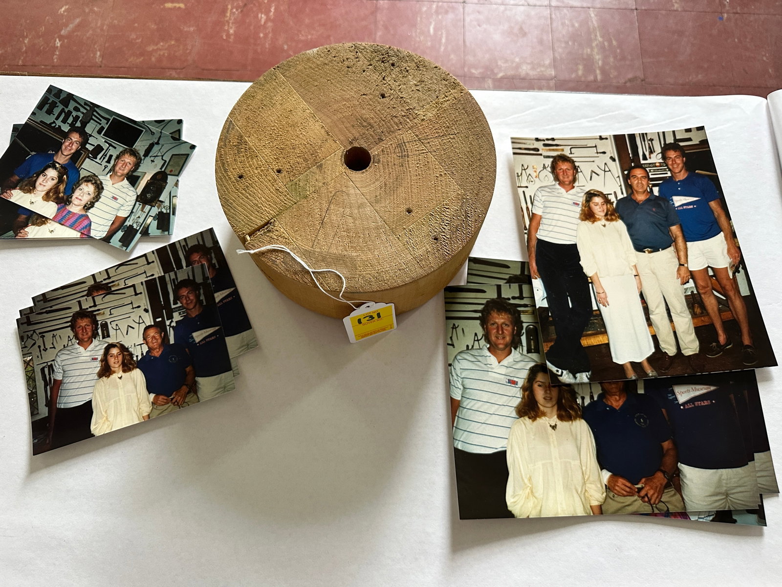 Lot - 1 Wood Base Larry Bird and 10 photos: inscribed by Armand LaMontagne with NBA stamp and 10 photos of Larry Bird with Armand LaMontagne, 5 in. x 7 in. and 8 in. x 10 in.