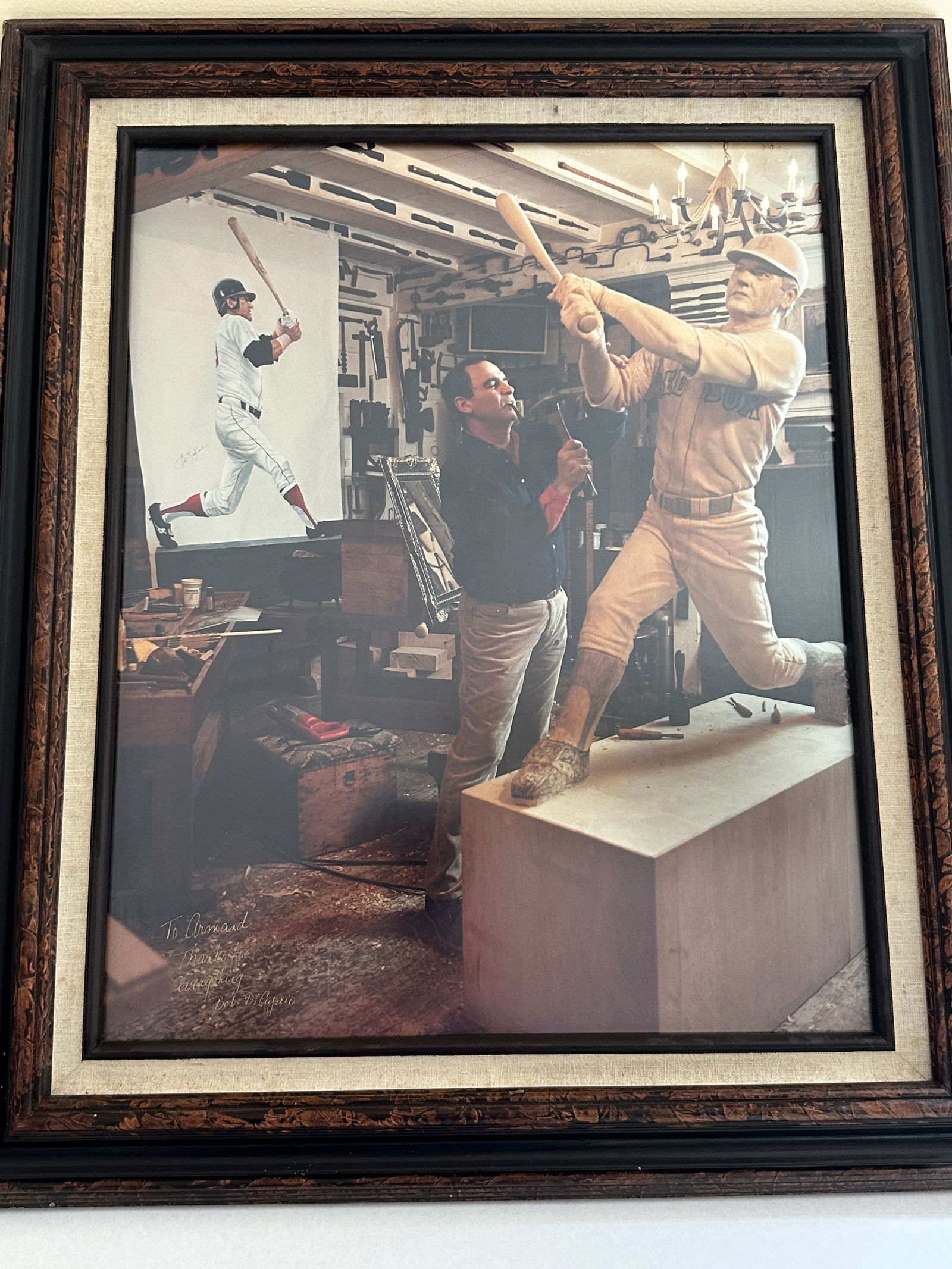 Photo of Armand LaMontagne carving YAZ: in lower left To Armand Thanks for everything Bob Dicaprio, framed under glass, with 4" liner and frame