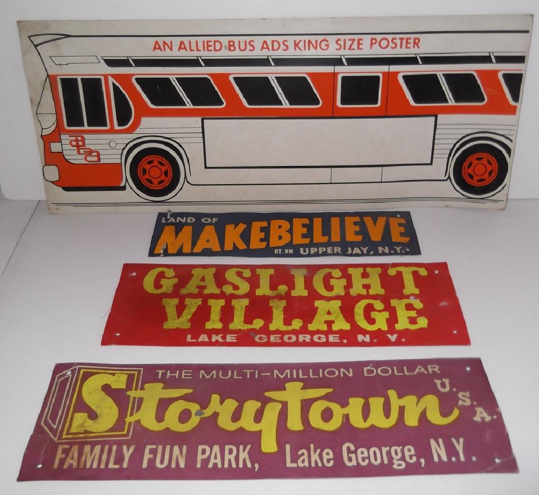 4 cardboard advertising signs: 4 cardboard advertising signs including Land of Makebelieve, Upper Jay NY; Gaslight Village, Lake George NY; Storytown family fun park, Lake George NY; & Allied bus ads king size poster. Foxing/stains