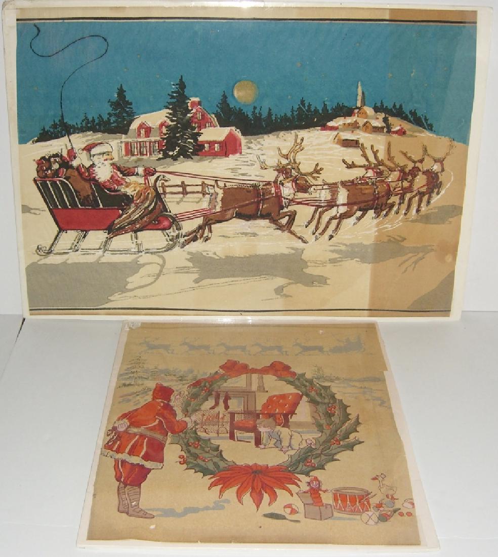 Christmas Santa Claus scene tissue paper: 2 Christmas Santa Claus scene tissue paper. Foxing/stains; edge tears; tears. Largest measures 29 inches x 20 1/2 inches.