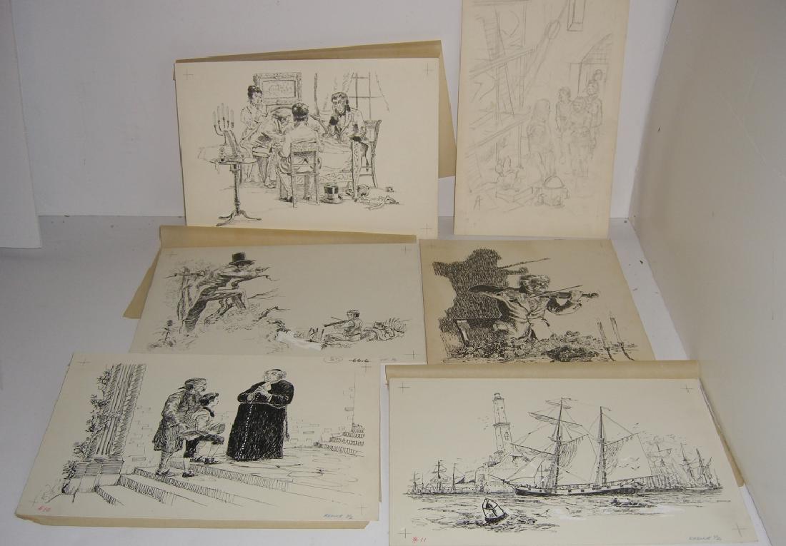 6 original pen & ink, & pencil drawings: 6 original pen & ink, & pencil drawings including 5 marked on back "For: Paganini by Opal Wheeler". Foxing. Largest measures 11 inches x 8 inches.