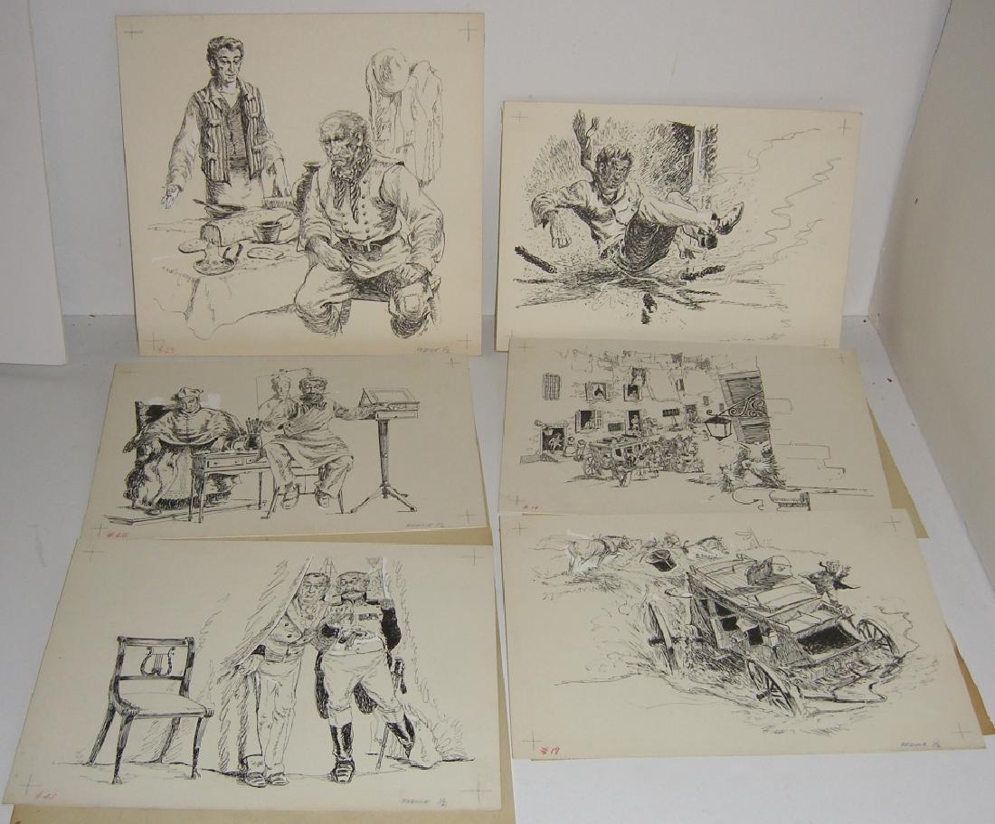 6 original pen & ink, & pencil drawings: 6 original pen & ink, & pencil drawings, including all marked on back "For: Paganini by Opal Wheeler". Foxing. Largest measures 11 inches x 10 1/2 inches.