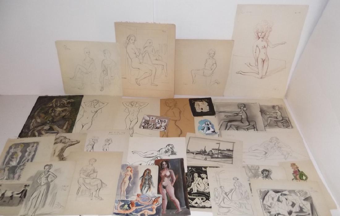 30 20th c. original mixed media drawings/sketches: 30 20th c. original mixed media drawings/sketches including nude women. Many signed Leon. Foxing/stains; edge tears. Largest measures 18 inches x 12 inches.
