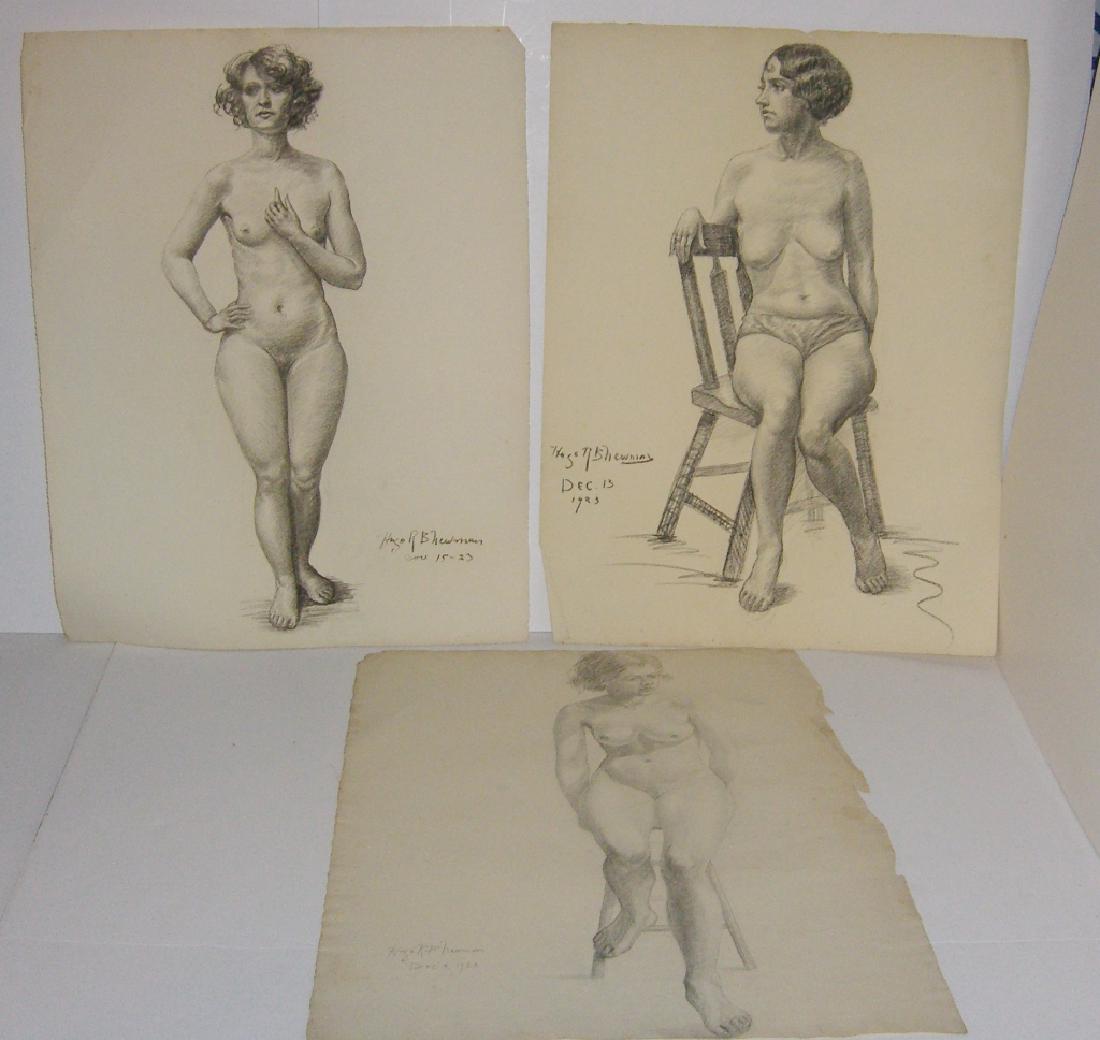 3 1920's nude woman charcoal & pencil drawings: 3 1920's nude woman charcoal & pencil drawings signed Hugo R.B. Newman. Foxing/stains; edge tears. Largest measures 19 inches x 25 inches.