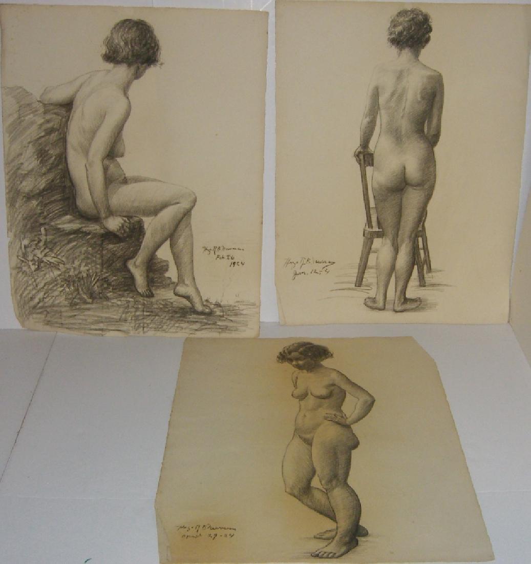 3 1920's nude woman charcoal drawings: 3 1920's nude woman charcoal drawings signed Hugo R.B. Newman. Foxing/stains; edge tears. Largest measures 19 inches x 25 inches.
