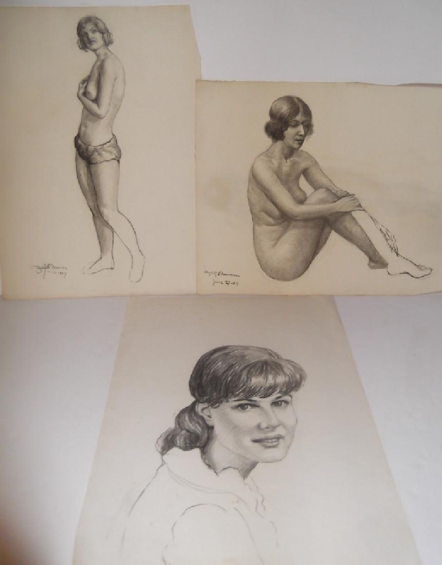 3 1920's nude woman charcoal drawings: 3 1920's nude woman & portrait charcoal drawings signed Hugo R.B. Newman. Foxing/stains; edge tears. Largest measures 19 inches x 25 inches.