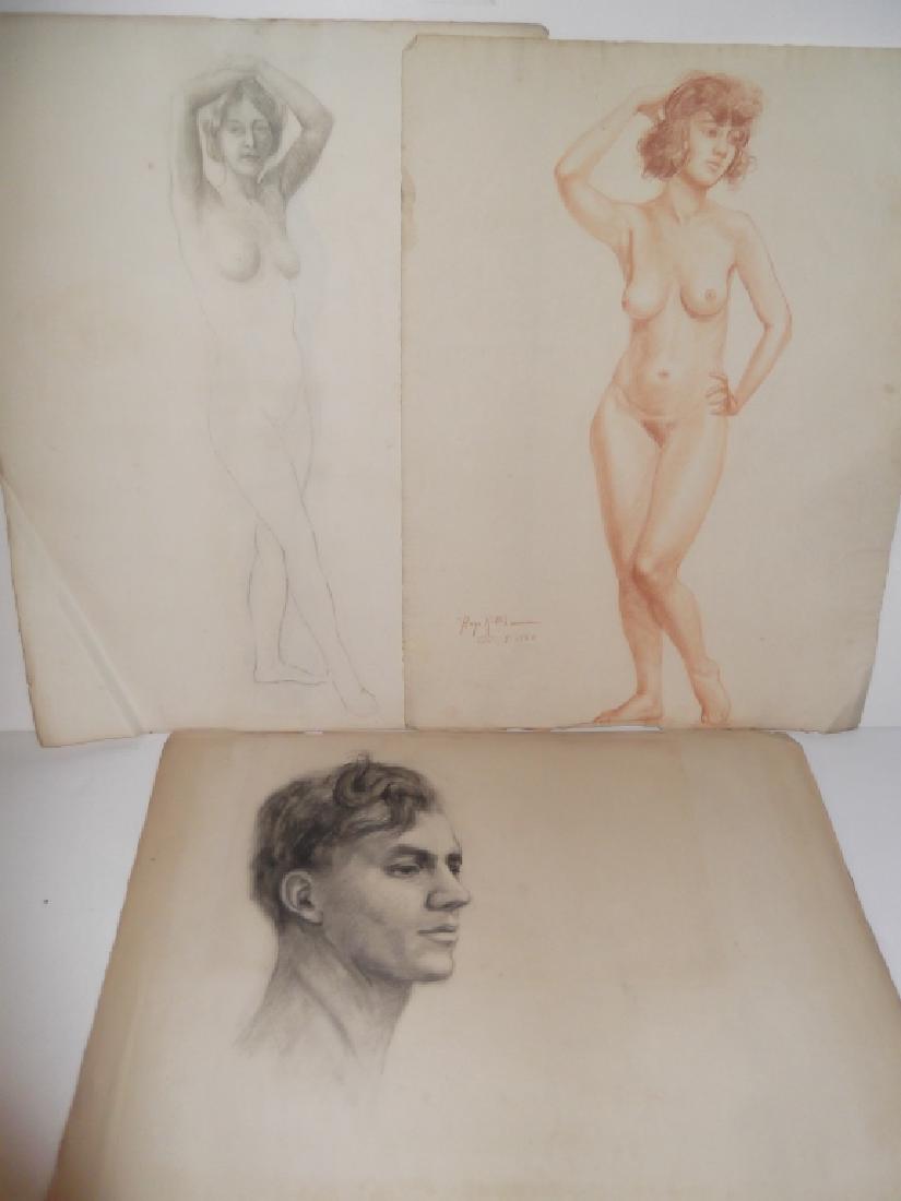 3 1920's charcoal/pastel drawings: 2 1920's nude woman charcoal/pastel drawings & 1 male portrait, 1 signed Hugo R.B. Newman. Foxing/stains; edge tears. Largest measures 19 inches x 25 inches.